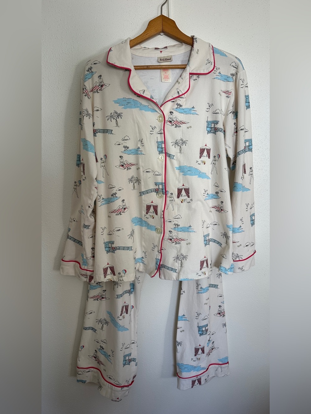 BedHead Pajamas XL 2PC Retro Beach Print Long Sleeve Top & Pants Set Cream Red